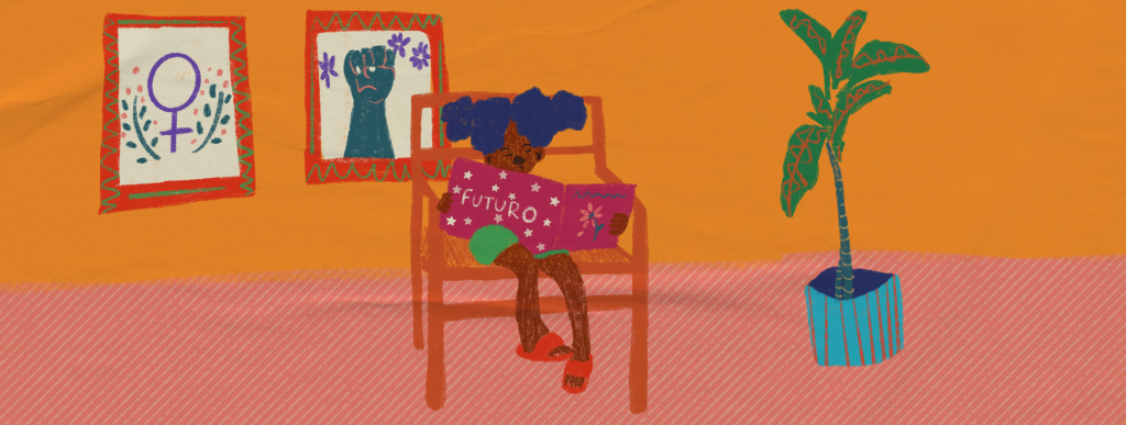 Ilustração de plano de aula do edital Igualdade de Gênero na Educação Básica. No centro da imagem há uma menina negra sentada em uma cadeira lendo um livro. Na capa do livro, há uma flor e está grafado 'futuro'. Ao fundo, há dois quadros na parede: um com um punho cerrado e outro com o espelho de vênus. Ilustradora: Barbara Quintino.