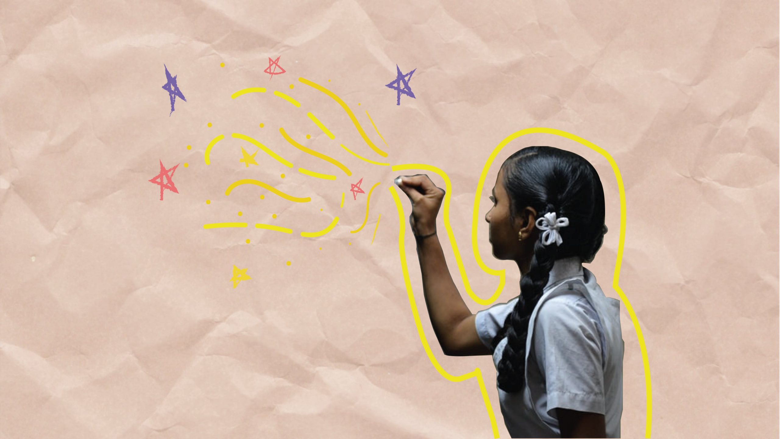 Em colagem, é possível ver menina com um giz na mão desenhando estrelas