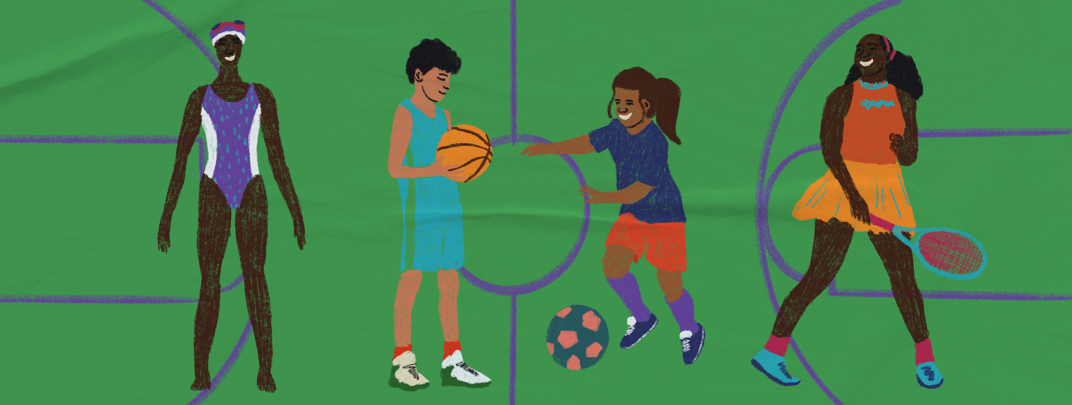 Ilustração de plano de aula do edital Igualdade de Gênero na Educação Básica. Na imagem, é possível ver quatro pessoas praticantes de diferentes esportes: natação, basquete, futebol e tênis. No chão, há linhas que lembram a divisão de uma quadra. Ilustradora: Barbara Quintino.