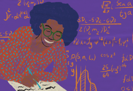 Ilustração de plano de aula do edital Igualdade de Gênero na Educação Básica. Na imagem, é possível ver uma mulher negra deitada fazendo anotações em um caderno. Ao fundo, há fórmulas e gráficos. Ilustradora: Barbara Quintino.