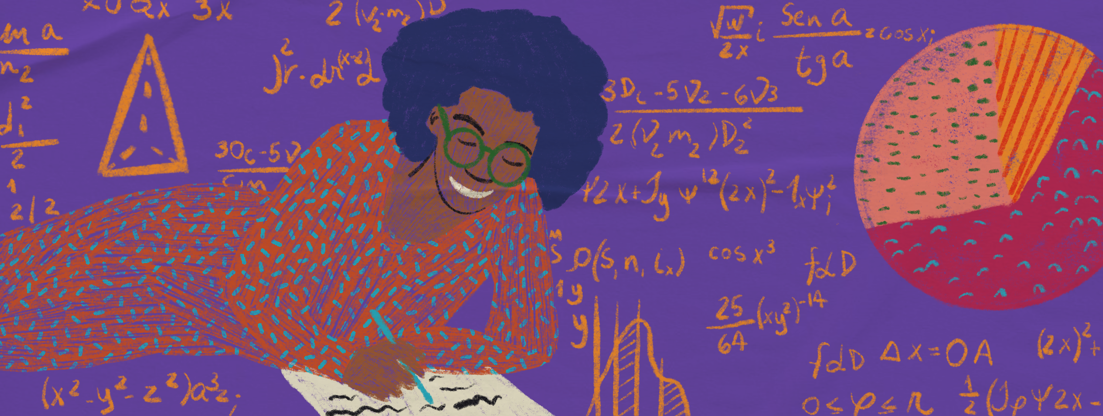Ilustração de plano de aula do edital Igualdade de Gênero na Educação Básica. Na imagem, é possível ver uma mulher negra deitada fazendo anotações em um caderno. Ao fundo, há fórmulas e gráficos. Ilustradora: Barbara Quintino.