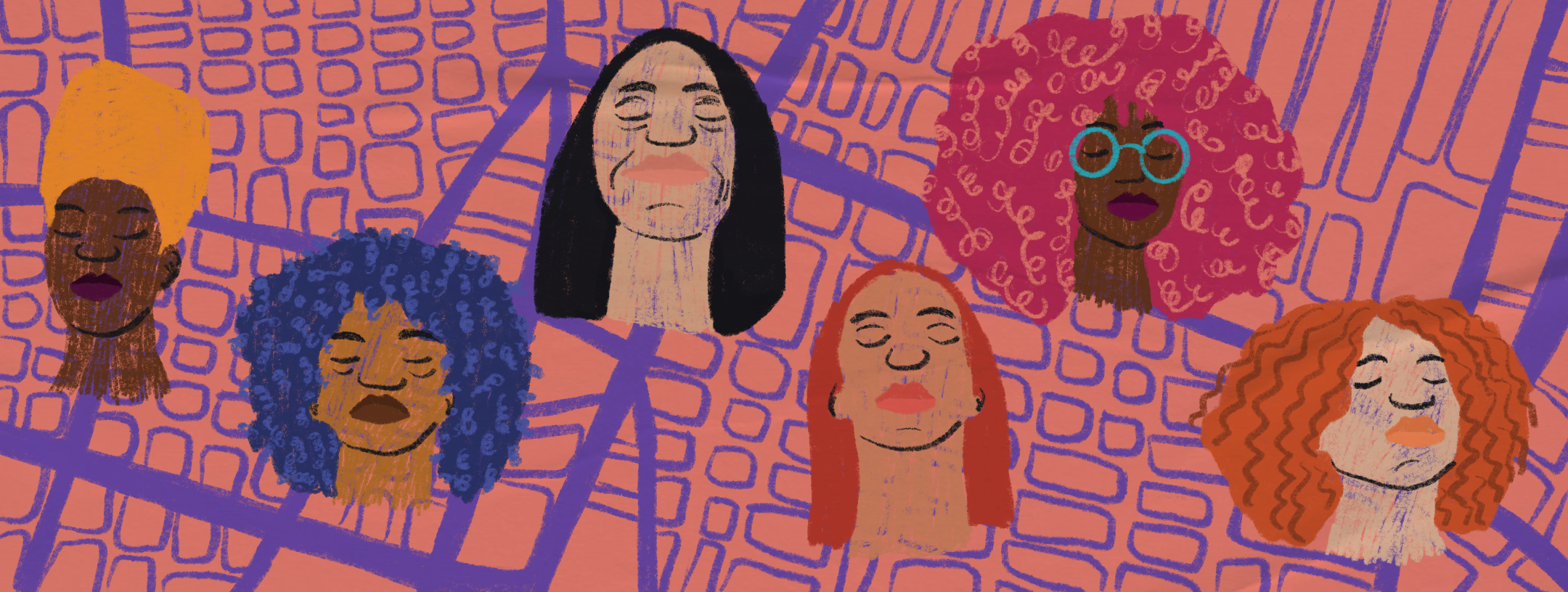Ilustração de plano de aula do edital Igualdade de Gênero na Educação Básica. Sobrepostos a um mapa, há seis rostos de mulheres. Ilustradora: Barbara Quintino.