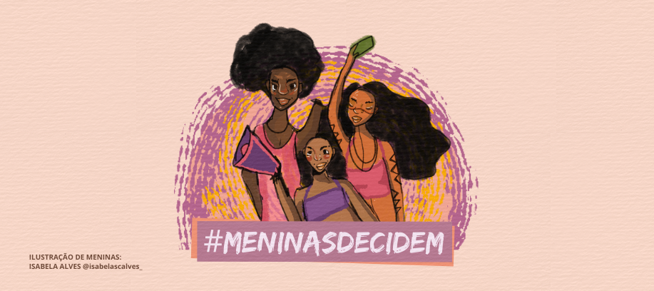 Imagem da matéria Rede de Ativistas do Fundo Malala no Brasil incentiva meninas a tirarem título de eleitora. há uma ilustração com três garotas: uma menina negra com deficiência, uma menina negra com megafone e uma menina indígena com o título de eleitor.