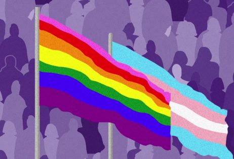 Imagem de bandeira LGBTQIA+ e bandeira do movimento Trans; imagem para a Campanha Escola de Qualidade