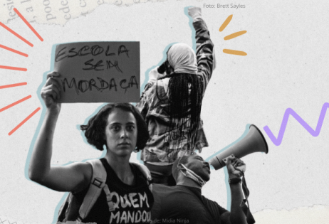 Montagem com uma mulher segurando uma placa onde se lê 'Escola sem mordaça', e há outras duas pessoas protestando. A imagem tem algumas intervenções coloridas.