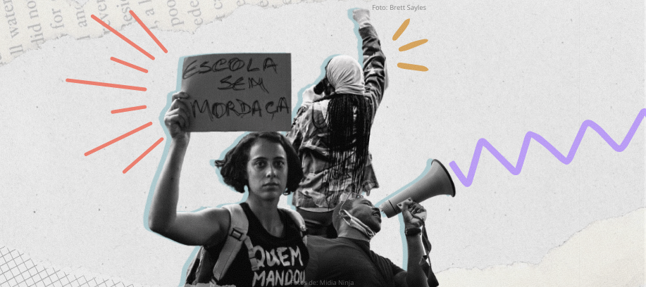 Montagem com uma mulher segurando uma placa onde se lê 'Escola sem mordaça', e há outras duas pessoas protestando. A imagem tem algumas intervenções coloridas.