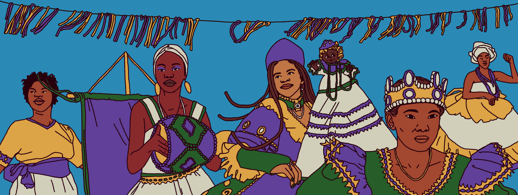 Imagem para a matéria "Confira o resultado: Edital Igualdade de Gênero 2025 seleciona propostas pela equidade de gênero e raça nas escolas". Na ilustração, há um grupo de maracatu